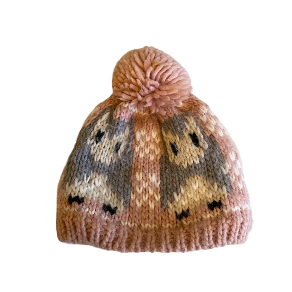San Diego Hat Co. Kids Knit Beanie Pink Owl‎ Design Ages 4-6 With Pom Pom
